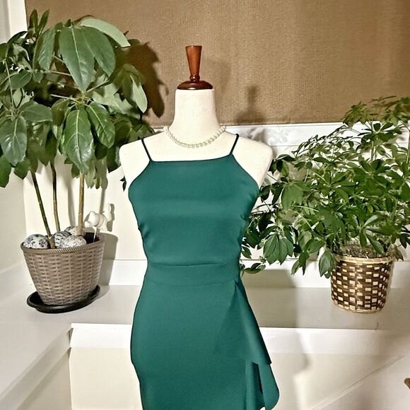 Formal Dress Long Size S Hunter green Spaghetti Straps Ruffle Prom Wedding EUC - Picture 2 of 8